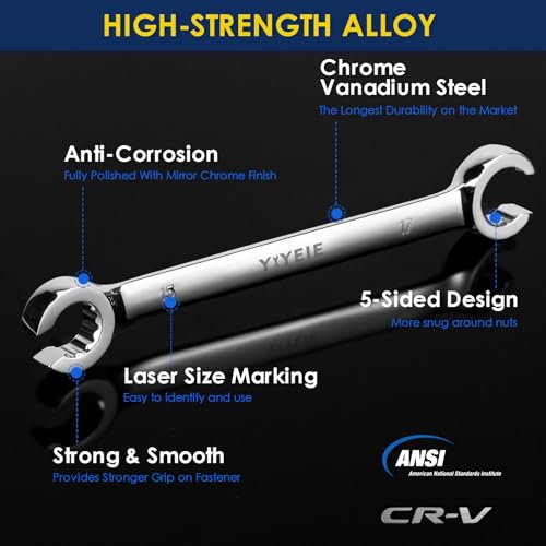 YIYEIE Flare Nut Wrench Set, Metric 5-Piece, Brake Line Wrench Set 9, 10, 11, 12, 13, 14, 15, 17, 19, 21 mm, CR-V Steel, with Roll-up Pouch - color: Metric 5pcs, size: 12-Point