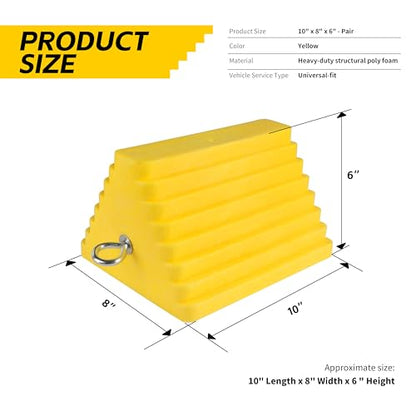 MaxxHaul 51169 Polyfoam Wheel Chocks with Steel Eyebolt – 2-Pack – 10″ × 8″ × 6″ Heavy-Duty Structural Foam – Bright Yellow – Vehicle & Trailer Safety for Cars, Trucks, RVs, Boats, ATVs - size: 10" X 8" X 6" (yellow)