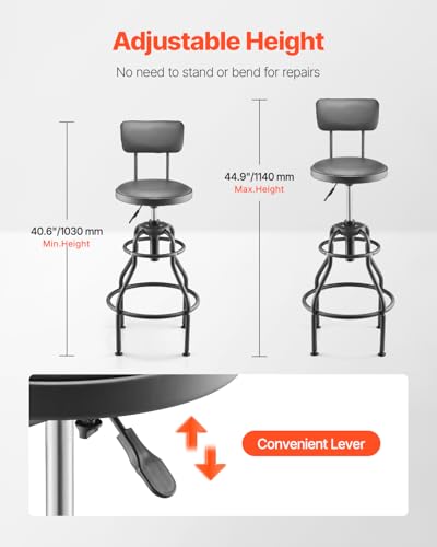 VEVOR Shop Stool with Backrest, Pneumatic Garage Seat/Work Stool with 300 lbs Capacity, Adjustable Height Roller Creeper Seat, 360° Swivel Padded, for Garage, Shop & Auto Repair, Black - style: with Backrest-no Casters