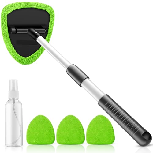 Windshield Cleaning Tool, 23-inch Extendable Handle Car Window Cleaner with 4 Reusable and Washable Microfiber Pads, Auto Glass Wiper Kit for Interior & Exterior, Ideal for Dirty Car Windows, Green - color: Green