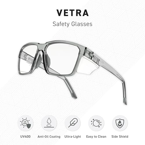 VETRA Z87+ Certified Safety Glasses HD High Contrast UV400 Side Shield Anti-Oil Coating Stylish Eyewear - color: Silver Smoke