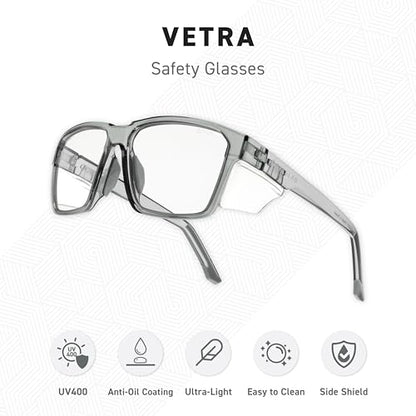 VETRA Z87+ Certified Safety Glasses HD High Contrast UV400 Side Shield Anti-Oil Coating Stylish Eyewear - color: Silver Smoke