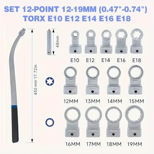 15PCS Serpentine Belt Tensioner Tool Kit 12-Point Wrench | 12-19mm sizes, automotive repair, pulley removal, engine bolt service, timing belt work, universal use