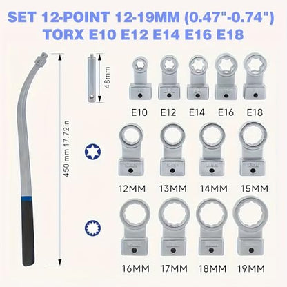 15PCS Serpentine Belt Tensioner Tool Kit 12-Point Wrench | 12-19mm sizes, automotive repair, pulley removal, engine bolt service, timing belt work, universal use