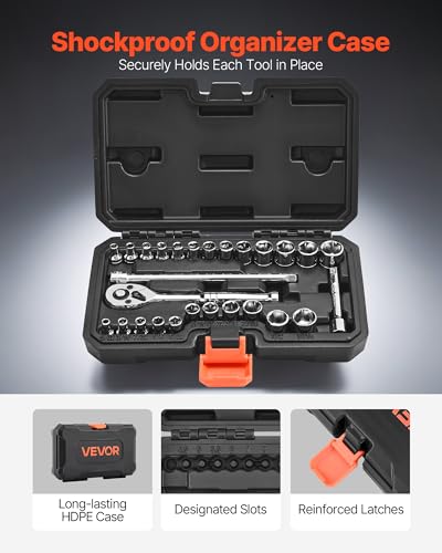 VEVOR Socket Set, 27 Pieces, 1/4 inch Drive Socket and Ratchet Set, SAE and Metric, Mechanic Tool Kit with Ratchet Wrench, Extension Bar and Storage Case, CR-V Alloy Steel, for Automotive Repair - size: 1/4", style: 27 PCS