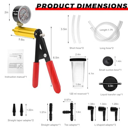 Hand Held Vacuum Pump Brake Bleeder Kit, Automotive Brake and Clutch Bleeding System with Gauge Adapters, One-Man Oil Change Vacuum Pump Test for Car Motorcycle Truck