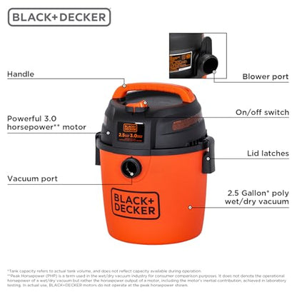 BLACK+DECKER 2.5 Gallon Shop Vac, 3 HP Wet Dry Vacuum with Powerful Suction, Portable for Garage Car and Home Use, Pet Hair Cleaning, Accessories Included, BDXV18134PA - size: 2.5 Gallon 3 HP