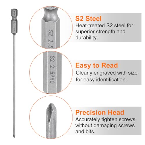 HARFINGTON 5pcs #0 Phillips Screwdriver Bit PH0 1/4" Hex Shank 6" (150mm) Long Magnetic S2 Steel Industrial Grade Screw Driver Bit Cross Head Electric Drill Bits 0.098" (2.5mm) Rod - size: PH0 x 150mm x 2.5mm