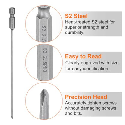 HARFINGTON 5pcs #0 Phillips Screwdriver Bit PH0 1/4" Hex Shank 6" (150mm) Long Magnetic S2 Steel Industrial Grade Screw Driver Bit Cross Head Electric Drill Bits 0.098" (2.5mm) Rod - size: PH0 x 150mm x 2.5mm