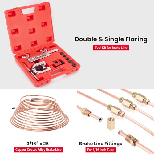 3/16" Brake Line Kit,25 ft 3/16 Copper Coated Brake Line Kit with 20 Fittings (4 Unions Included) + Double & Single Flaring Tool Kit, Rust & Corrosion Resistant for Automotive, Fuel,Hydraulic Systems