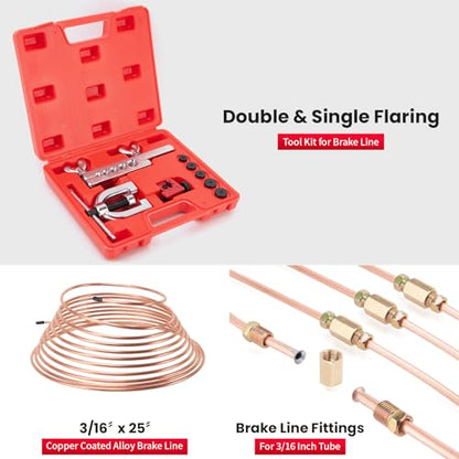 3/16" Brake Line Kit,25 ft 3/16 Copper Coated Brake Line Kit with 20 Fittings (4 Unions Included) + Double & Single Flaring Tool Kit, Rust & Corrosion Resistant for Automotive, Fuel,Hydraulic Systems