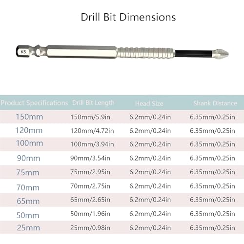 10 Pack PH2 Phillips Bits Set, High Magnetic Screwdriver Drill Bit Set, Anti-Slip S2 Alloy Steel, 1/4'' Hex Shank K5 Impact Bits, 25 50 65 70 75 90 100 120 150mm - color: 10pcs