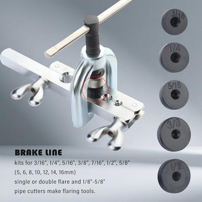 Single & Double Brake Line Flaring Tool Kit,3/16" Brake Line Kit for Most Hydraulic Braking Systems,Brakes Lines Repair Kits with 16 Brakes Lines Fittings,5 Adapters,Tubing Bender