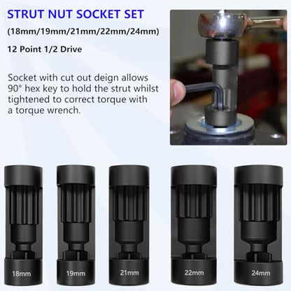 63PCS Shock Absorber Strut Nut Socket Set Master Suspension Strut Top Mount Nut Removal Install Tool with Strut Nut Socket Ratchet Adaptors - size: 63 Pcs