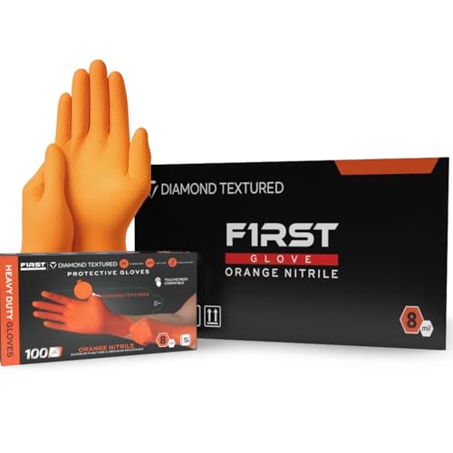 First Glove 8 Mil Heavy Duty Nitrile Gloves - Diamond Grip - Disposable Gloves for Mechanic, Automotive & Industrial Work - size: Large