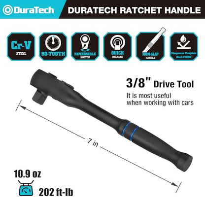 DURATECH 3/8-Inch Drive Ratchet, 90-Tooth Quick-Release Ratchet Wrench | Reversible, Cr-V Made, 4° Swing, Manganese Phosphate Black Finish, Socket Wrench for Men Women Stocking Stuffer for Men Women - size: 3/8"(Black)