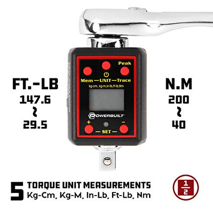 Powerbuilt 1/2-Inch Drive Digital Torque Adapter, 29-147 Ft-Lb and 40-200 Nm, Alert Signals Torque Setting, Electronic Torque Wrench Converter with Digital Display, ±1% Accuracy - 940962 - size: 1/2 in.