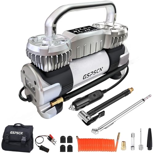 GSPSCN Digital Tire Inflator 12V Heavy Duty Metal Portable Air Compressor | 6X Faster Inflation Auto Shut-off Dual Cylinder Air Pump 150PSI LED Light w/Pencil Pressure Gauge for Car,Pickup,SUV,RV,Balls - color: Silver