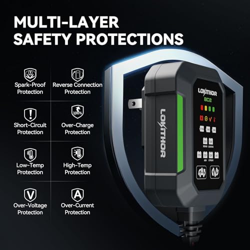 LOKITHOR BC2 Car Battery Charger 2A/1A/750mA Adjustable Currents, 6V/12V Automatic Battery Maintainer, Trickle Charger & Desulfator with Overcharge Protection, Double Pulse Repair, Forced Charging