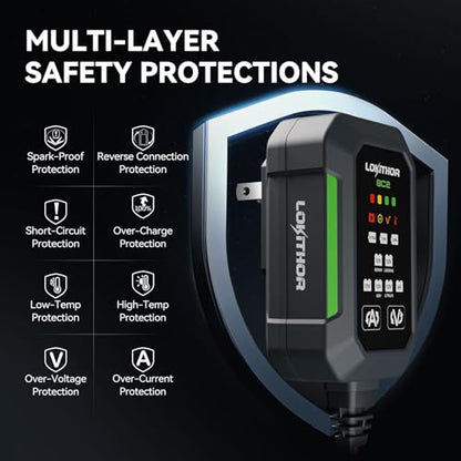 LOKITHOR BC2 Car Battery Charger 2A/1A/750mA Adjustable Currents, 6V/12V Automatic Battery Maintainer, Trickle Charger & Desulfator with Overcharge Protection, Double Pulse Repair, Forced Charging