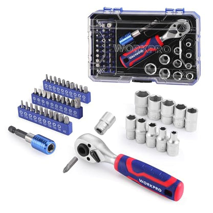 WORKPRO 42 PCS 1/4" Drive Mini Socket Ratchet Wrench Set | Dual Socket & Bit Head Ratchet, Metric Sockets 4-13mm, Quick-Release Bit Holder, Storage Case - style: Dual-Head Ratchet Accessory-Rich Set