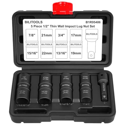 BILITOOLS 5pc Flip Lug Nut Socket Set, 1/2" Drive Metric & SAE Non-Marring | CR-MO Steel, Thin Wall, 6-Point Flank Drive, Metric 17-22mm & SAE 3/4-15/16", Color-Coded, Impact-Rated, Storage Case - style: Standard Metric & SAE
