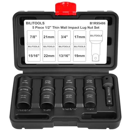 BILITOOLS 5pc Flip Lug Nut Socket Set, 1/2" Drive Metric & SAE Non-Marring | CR-MO Steel, Thin Wall, 6-Point Flank Drive, Metric 17-22mm & SAE 3/4-15/16", Color-Coded, Impact-Rated, Storage Case - style: Standard Metric & SAE