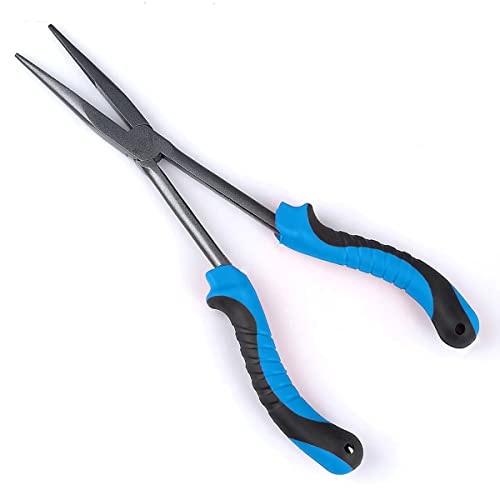 11" Long Nose Fishing Pliers, Straight & Bent Jaws, PTFE Coated Corrosion Resistant, Hook Remover & Braid Cutter Fishing Needle Nose Pliers, Saltwater Freshwater Gear for Bass Snook Trout - color: Blue Black