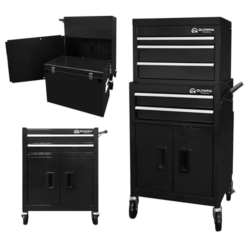 Olympia Tools 20-Inch Rolling Tool Cabinet Organizer, Heavy-Duty 5-Drawer Metal Tool Chest with Wheels and Locking Storage for Garage and Workshop, Black - size: 20IN Combo