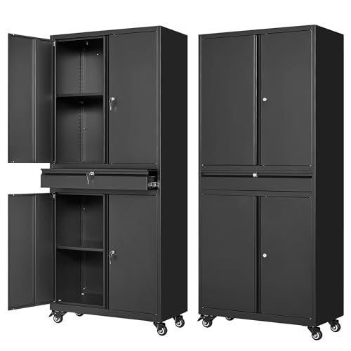 Letaya Metal Garage Storage Cabinet with Wheels,Rolling Tool Cabinet with 4 Door Lock-Adjustable Shelves and 1 Drawer for Garage Home Office Utility Room (Black with Wheels) - color: Black, size: 1 Drawer-Wheels