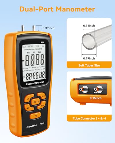 Digital Manometer Gas Pressure Tester, Dual-Port Air Pressure Meter for HVAC, Furnace Ducts, Heater Gas Valve, Gas Furnace, Boilers, Air Pump, Evap Leaks
