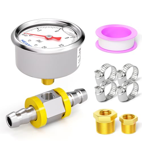 MEANLIN MEASURE 0-15Psi Stainless Steel Glycerin Filled Pressure Gauge 1/8" NPT 1.5" Face Dial, with 3/8" Barb Pressure Adapter, 9-Piece Kit, Back Mount - size: 0-15Psi