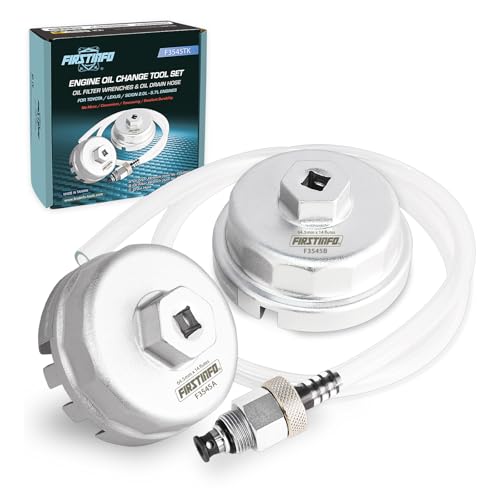 FIRSTINFO 2-Piece 64.5mm Oil Filter Wrench & Drain Hose for Toyota/Lexus | 14-flute cartridge cap fit • Forged aluminum body • 3/8 ratchet or 27mm socket use • Chrome-plated finish • Taiwan Made - style: Drain Tool Set