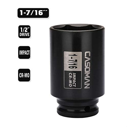 CASOMAN 6-Point 1/2-Inch Drive Deep Impact Socket- 1-7/16" (SAE), CR-MO, 1/2-inch Drive 6 Point Axle Nut Socket for Easy Removal of Axle Shaft Nuts (1-7/16") - size: 1-7/16 inch (SAE), style: 6-Point Socket