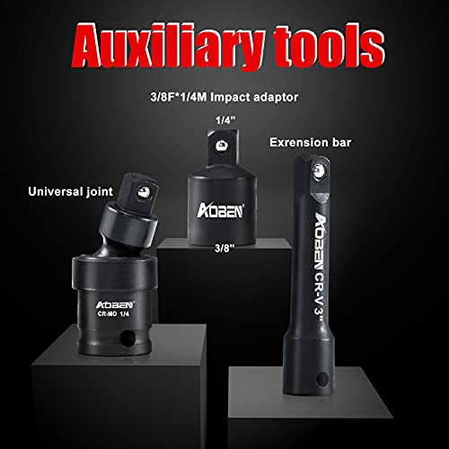 AOBEN 1/4-Inch Drive Impact Socket Set, 54 Pieces, 6 Point, SAE/Metric, (5/32" - 9/16" ，4mm -15mm)，Deep/Shallow, Cr-V Steel, Includes Extension bars and Socket Adapter - size: 1/4-Inch 54PCS