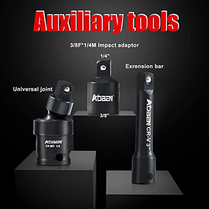 AOBEN 1/4-Inch Drive Impact Socket Set, 54 Pieces, 6 Point, SAE/Metric, (5/32" - 9/16" ，4mm -15mm)，Deep/Shallow, Cr-V Steel, Includes Extension bars and Socket Adapter - size: 1/4-Inch 54PCS