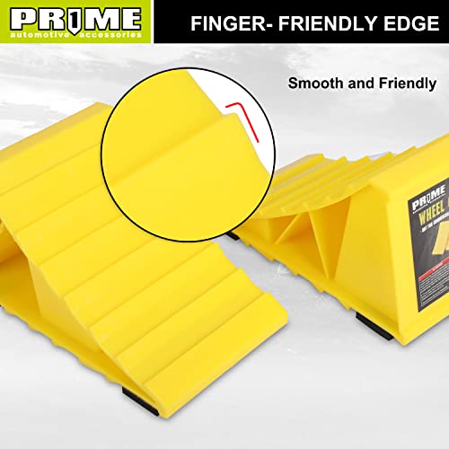 PR1ME Wheel Chocks with Non-Slip Base for RV & Trailer. 2 Pack Heavy Duty Wheel Chock with Bright Yellow. Lightweight Wheel Stoppers for Cars Camper Trucks RVs, Fit for Most Tyre Sizes