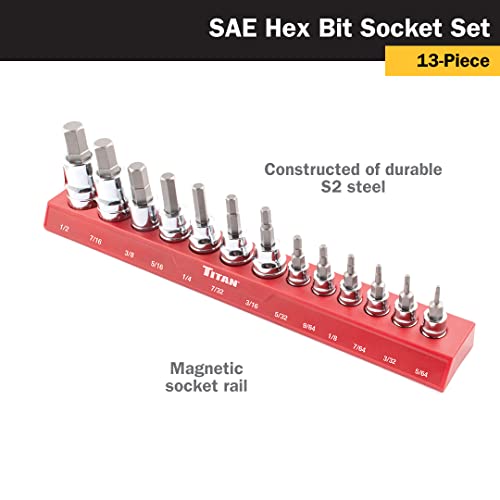 Titan 85530 13-Piece SAE Hex Bit Socket Set, Magnetic Socket Organizer with Laser-Etched Size Markings - style: New Metric Hex