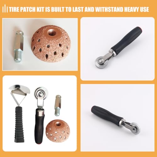PRETYZOOM Heavy Duty Tire Patch, and Compact Plastic and Metal Pressure Roller Repair Kit with Bowl-Shaped Grinding Head Tire Repair Tools for Personal and Professional Use