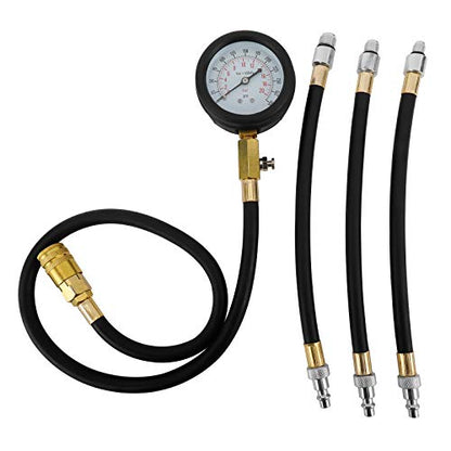 Compression Gauge Test Set for Engine Cylinders, Diagnostic Tester with 4 Long Reach Hoses M10 M12 M14 0-300 PSI