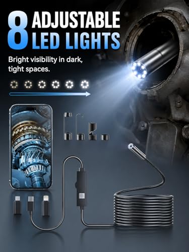 Endoscope Camera with Light,1920P HD Borescope with 8 Adjustable LED Lights, IP67 Waterproof 16.5FT Semi-Rigid Snake Camera, Snake Cord Inspection Camera for iPhone, iPad and Android Phone-5M