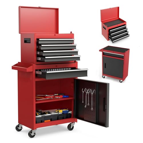 5-Drawer Rolling Tool Chest with Detachable Top Toolbox | Lockable Steel Tool Chest with Wheels,Drawer Liners,Enhanced Packaging for Garage,Workshop,Mechanic, Red - color: Red, style: 5 drawer-detachable