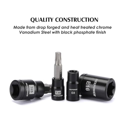 MIXPOWER 25 Piece Torx Bit and Socket Set, 13 Star Bits (T8- T60) & 12 E-Torx Sockets (E4-E22), Professional Grade Auto & Motorcycle Mechanic Set - size: T8-T60,E4-E22(25PCS)