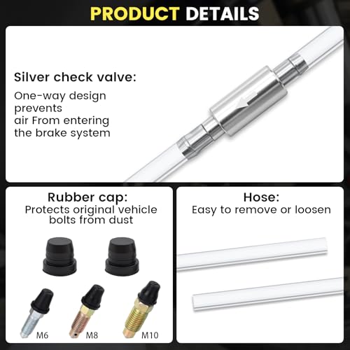 4 Pcs Universal Brake Bleeder Hose Kit with One-Way Check Valve, Rubber Brake Bleeder Hose, Brake System Bleeding Tools for Car, Motorcycle, Includes Fixing Clips & Rubber Caps