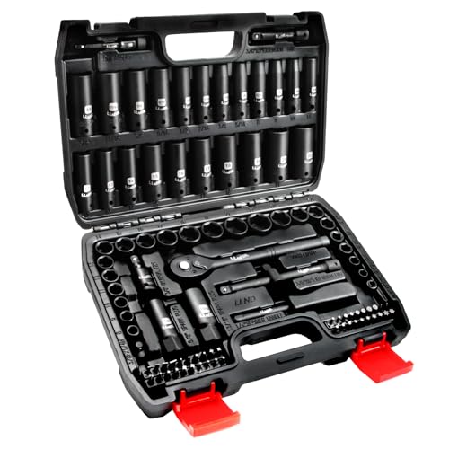LLNEDL Impact Socket Set 3/8 Drive,95Pcs Deep&Shallow Socket Wrench Set,6 Point Metric&Standard Full |5/16"-3/4",8-22mm| with Spark Plug Sockets,72T Ratchet Handle, Screwdrivers for Automotive&Home - color: Black Case