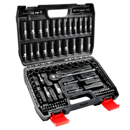 LLNEDL Impact Socket Set 3/8 Drive,95Pcs Deep&Shallow Socket Wrench Set,6 Point Metric&Standard Full |5/16"-3/4",8-22mm| with Spark Plug Sockets,72T Ratchet Handle, Screwdrivers for Automotive&Home - color: Black Case