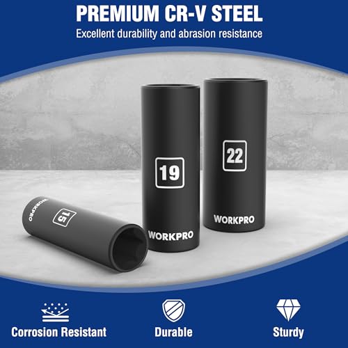 WORKPRO 14-Piece 1/2＂ Drive Deep Impact Socket Set, 6-Point Impact Deep Socket Set with Heavy Duty Storage Case for Automotive and Mechanical Repairs, 10mm-27mm, Cr-V Steel, Metric - style: 14PC, Metric