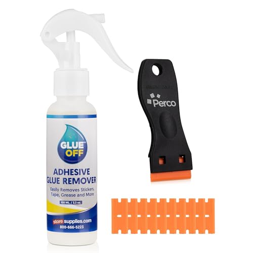 Perco Glue Off Adhesive Sticker Remover 3.3 fl. oz & Scraper with Plastic Razor for Removing Labels (Adhesive Sticker Remover & Scraper w/Plastic Razor) - size: 3.3 Fl Oz (Pack of 1)