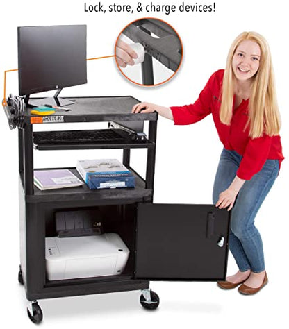 Line Leader Plastic AV Cart with Keyboard Tray and Locking Metal Cabinet, Heavy Duty Mobile Workstation with 4 Rolling Casters, 2 Locking Brakes, Heavy Duty, Holds up to 75 lbs (42 Inch w Cabinet) - color: Large 2 Shelves W/ Cabinet & Keyboard Tray