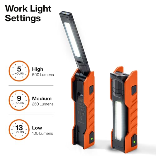 Klein Tools 56073 Foldable Handheld Work Light, 500-Lumen LED with 180-Degree Pivot and 270-Degree Rotation, USB-C Rechargeable Flashlight with Built-In Spotlight, Magnetic Base, IP54-Rated